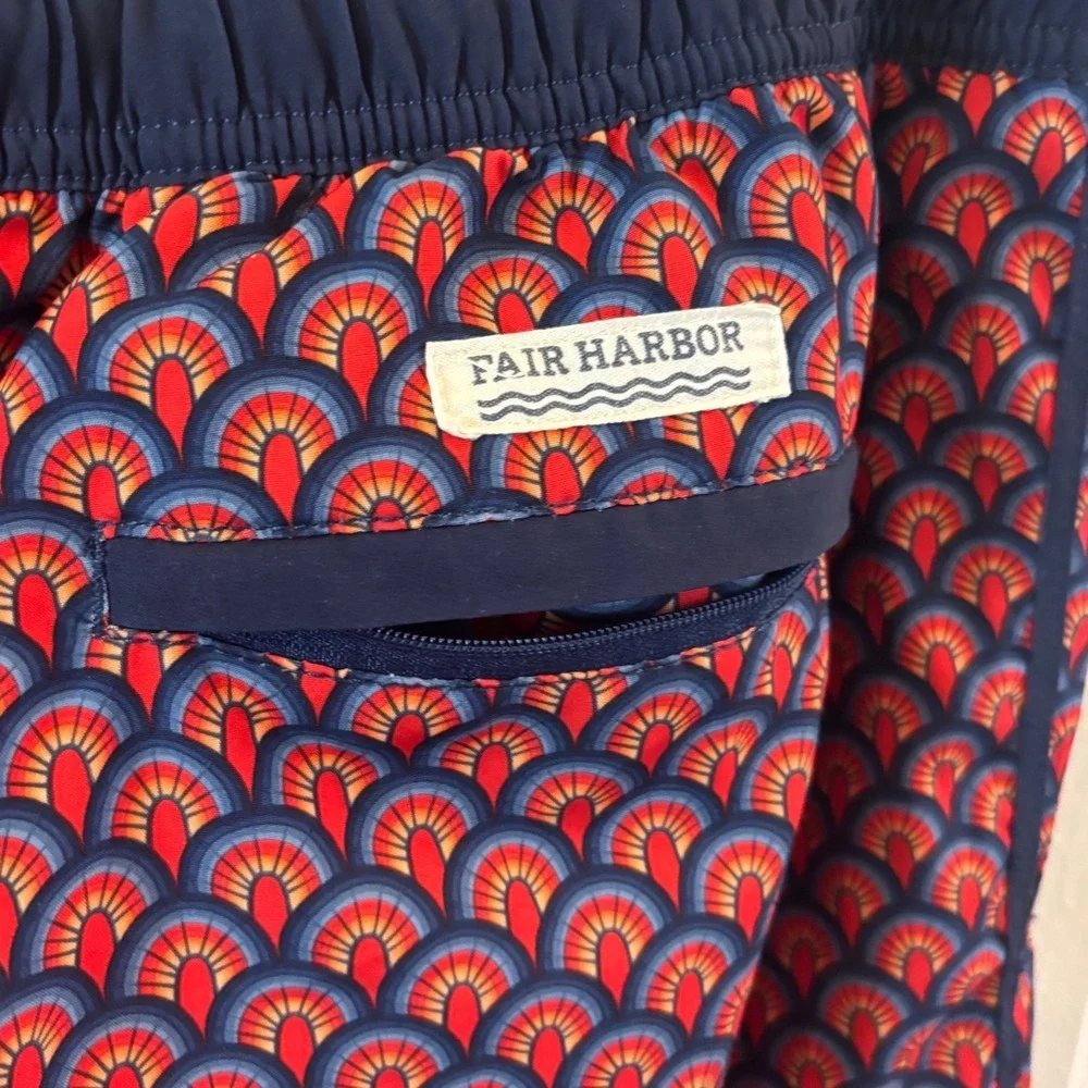 Fair Harbor Mens Swim Shorts Red Navy Geometric Fan Print Board Shorts Large